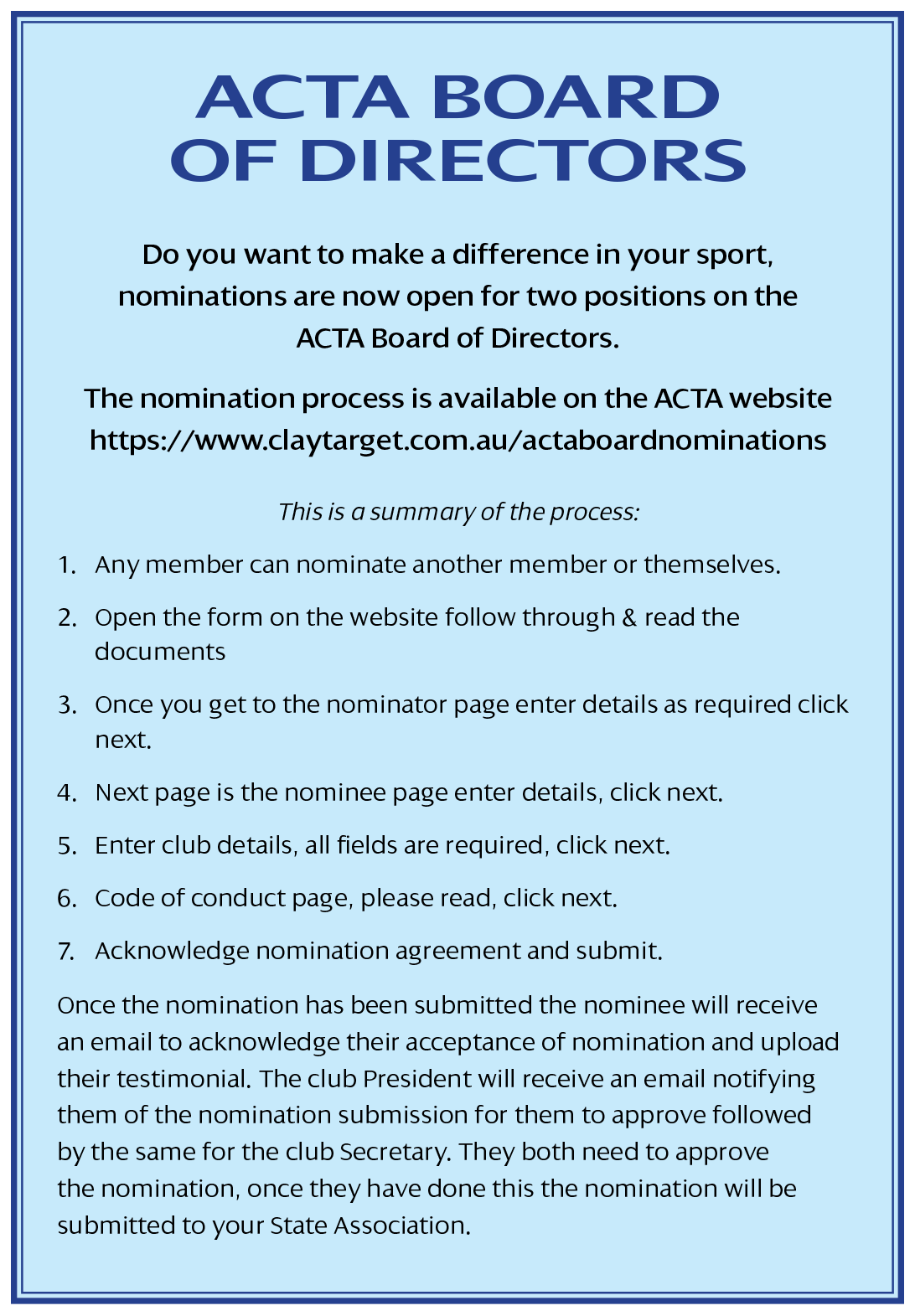 ACTA DIRECTORS NOMINATIONS